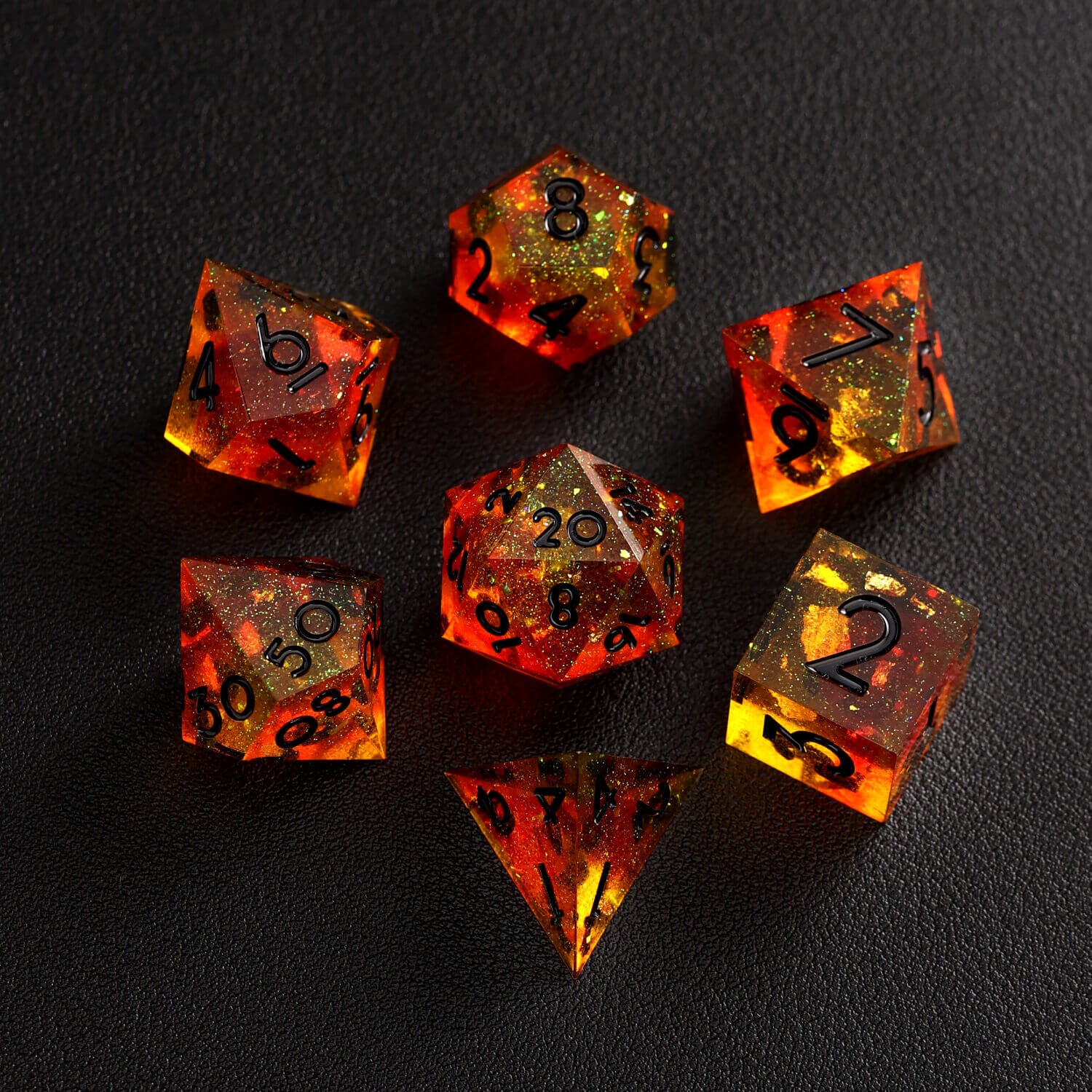 Action shot of orange red DND dice rolling, highlighting sharp edges and vibrant colors