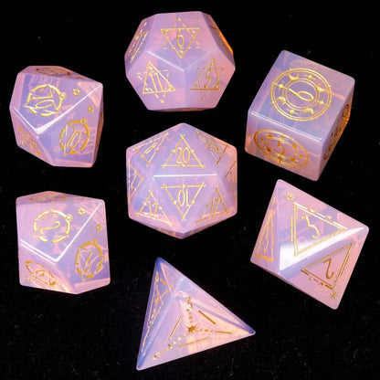 Full Pink Carved Opal DND Dice Set arranged in a flatlay layout.