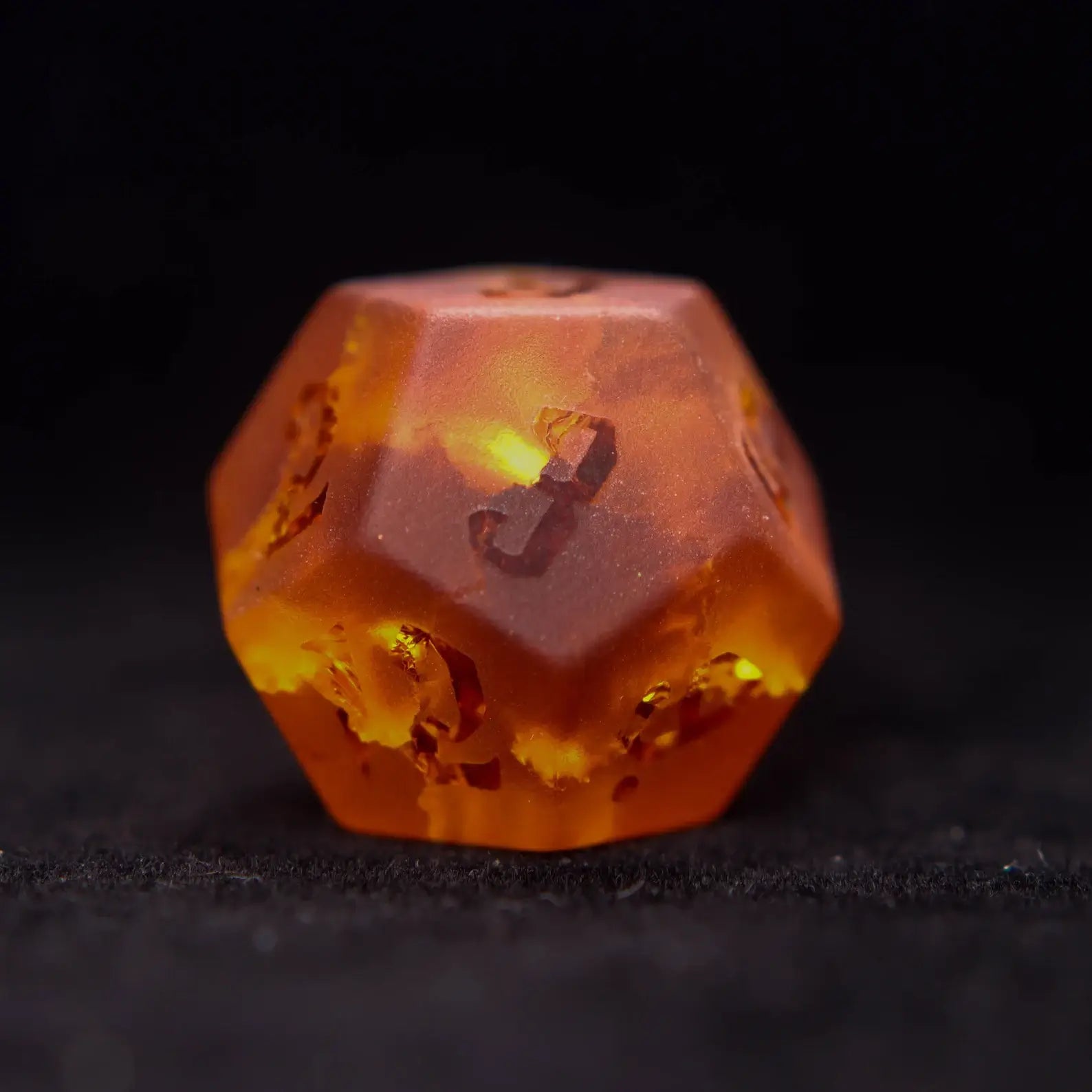 Professional sharp edge D&D dice set with sunstone orange sparkle