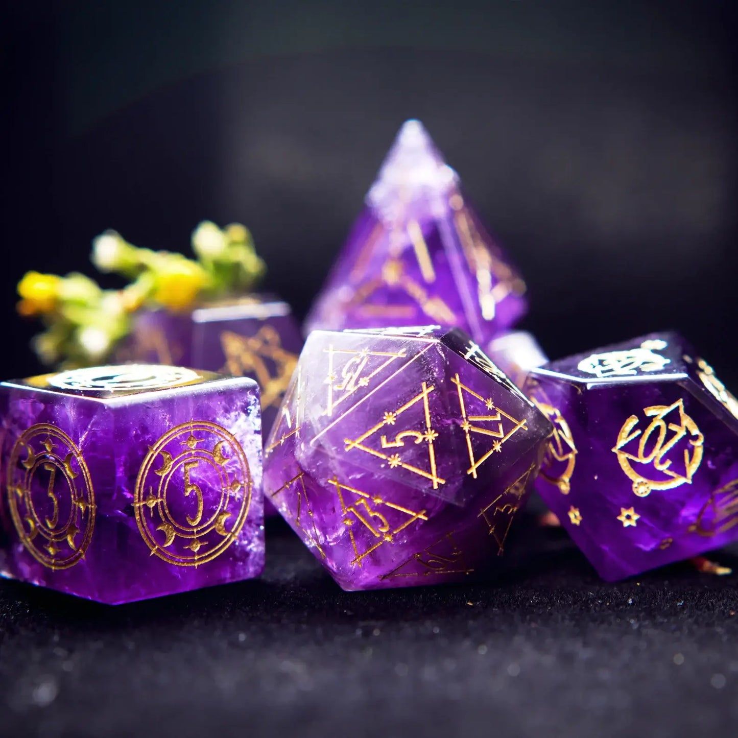 Purple Crystal DND Dice Set (Amethyst) - Complete 7-piece set showcasing rich violet color and natural clarity.