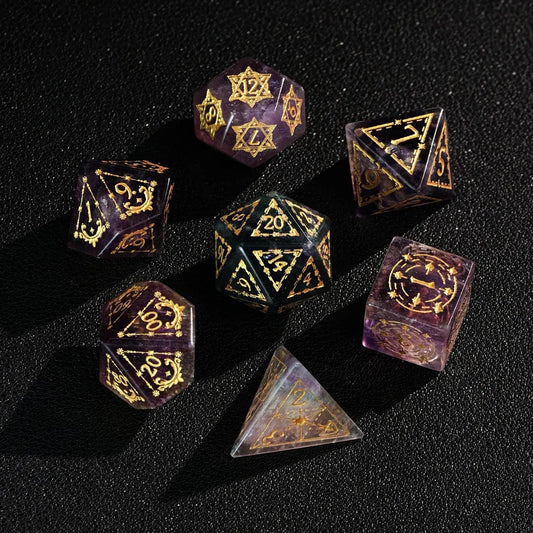 Close-up detail of a Purple Fluorite DND Dice Set highlighting the unique layered color banding and prismatic glow of the natural gemstone.
