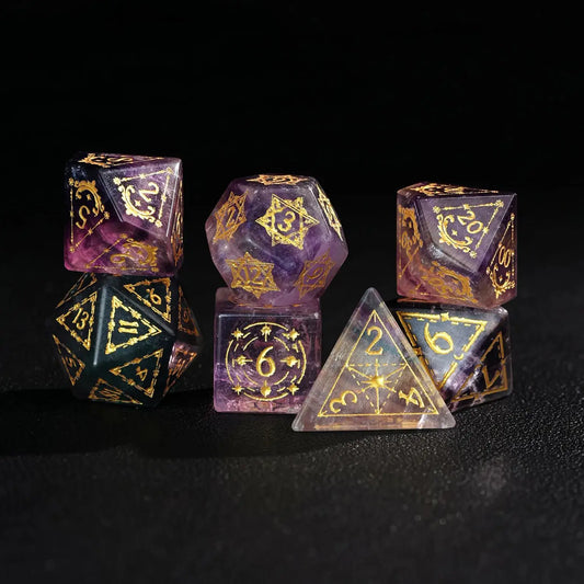 Purple Fluorite DND Dice Set featuring sharp edges, showing the complete 7-piece polyhedral set with natural color banding.