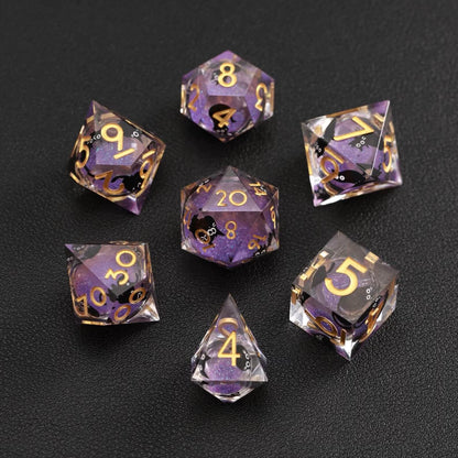 Purple swirl liquid core resin set featuring a black cat design, handcrafted animal dice for tabletop RPGs