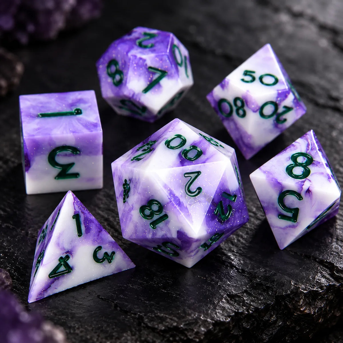 Purple & White Sharp Edge Resin Dice Set