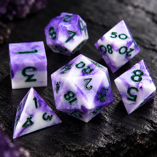 Purple & White Sharp Edge Resin Dice Set