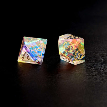 Rainbow glass D10 D&D dice with sharp-edge design, perfect for tabletop RPGs
