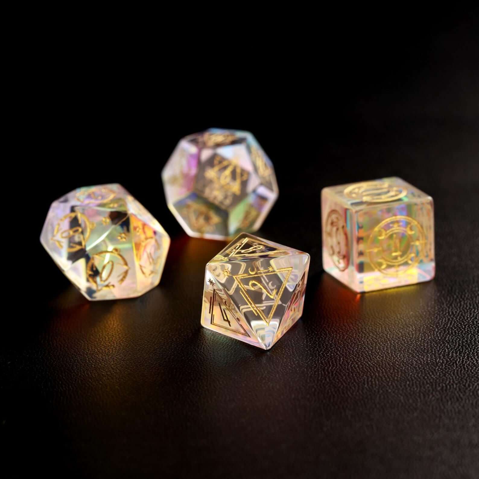 Rainbow glass D4 D&D dice with sharp edges, vibrant translucent colors for RPG gaming