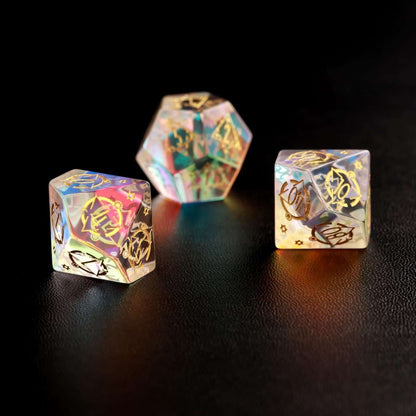 Top view of rainbow glass D8 D&D dice showing sharp edges and colorful transparency