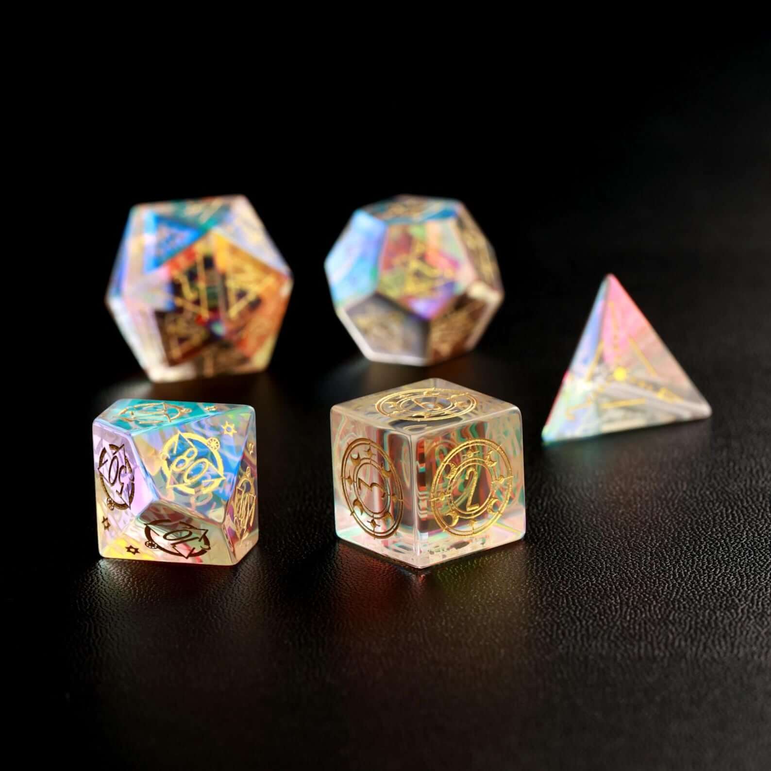 Top view of rainbow glass D8 D&D dice showing sharp edges and colorful transparency