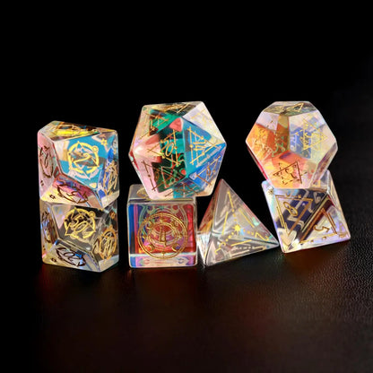 Rainbow glass D&D dice set with sharp edges displayed on a tabletop for RPG game session