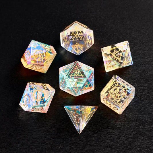 Full set of rainbow glass sharp edge D&D dice including D4, D6, D8, D10, D12, D20