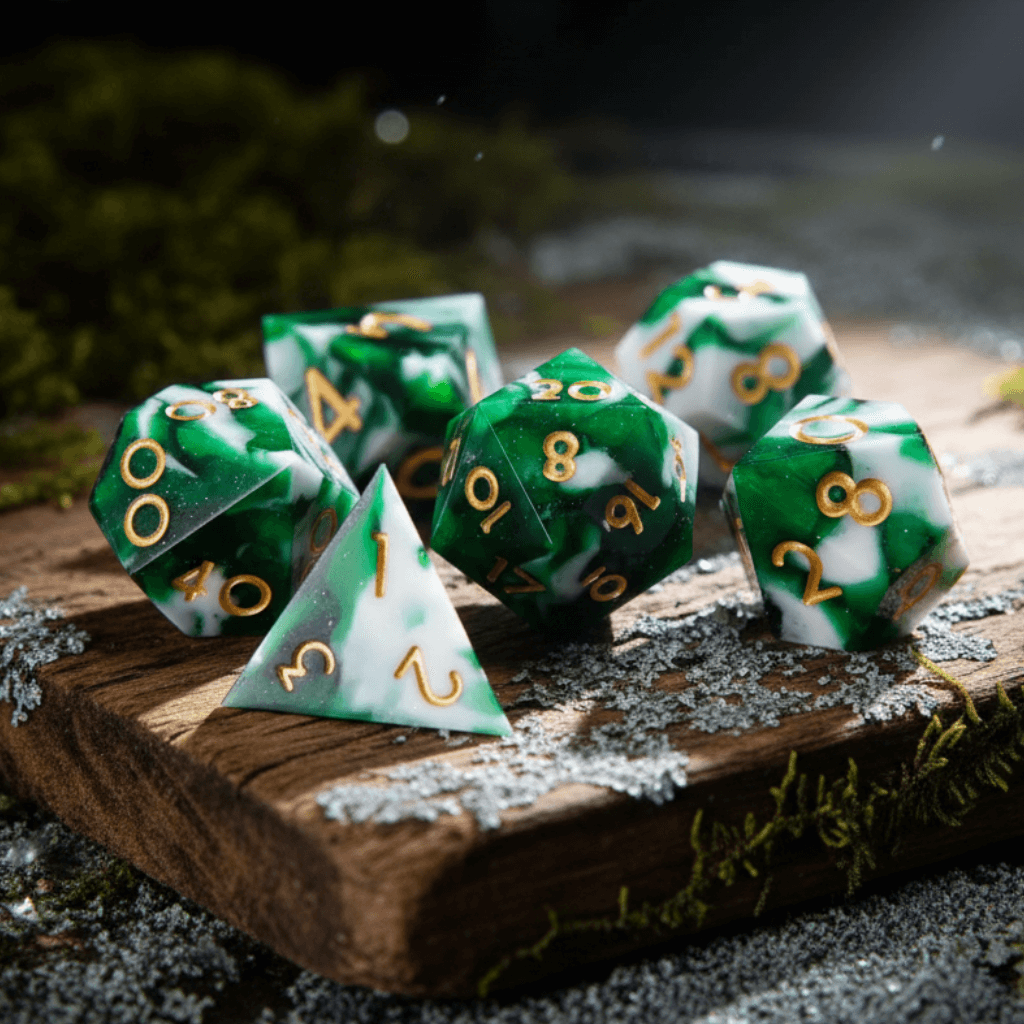 Green Snow Moss DND dice arranged artistically on real moss and simulated frost, evoking a winter woodland atmosphere