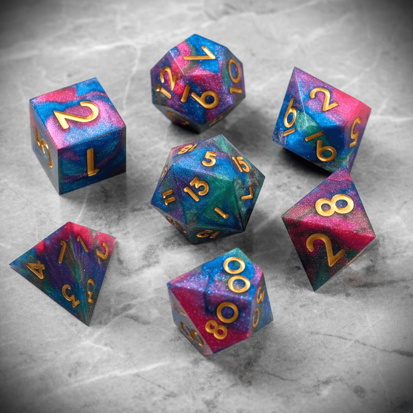 7-piece resin DND dice set in pink, blue, and green with fine shimmer and gold numbers.
