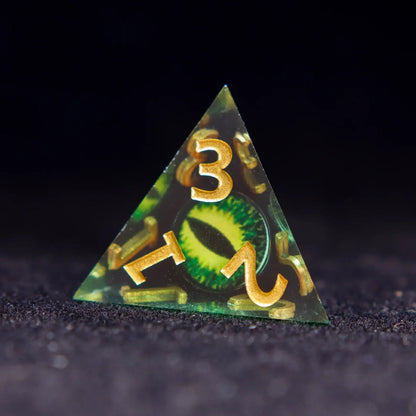 Single pyramid-shaped Green Resin D4 die with static Demon's Eye.