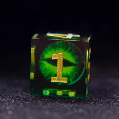 Single Green Resin D6 die with Demon's Eye design and engraved pips.