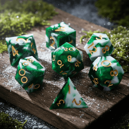 All seven dice from the Green Snow Moss resin dice set scattered on a wood slab in natural daylight, showcasing color variation and transparency