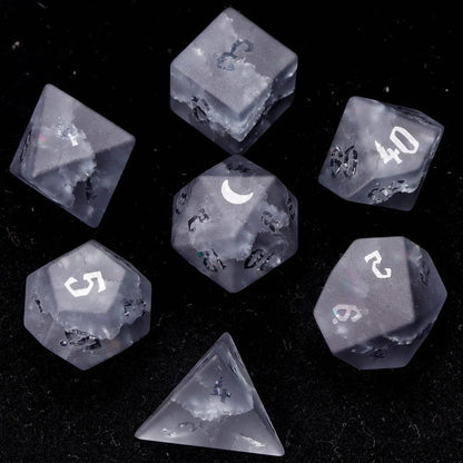 Complete URdice Thunder Vein gemstone dice set, all seven polyhedral dice laid out on a black background.