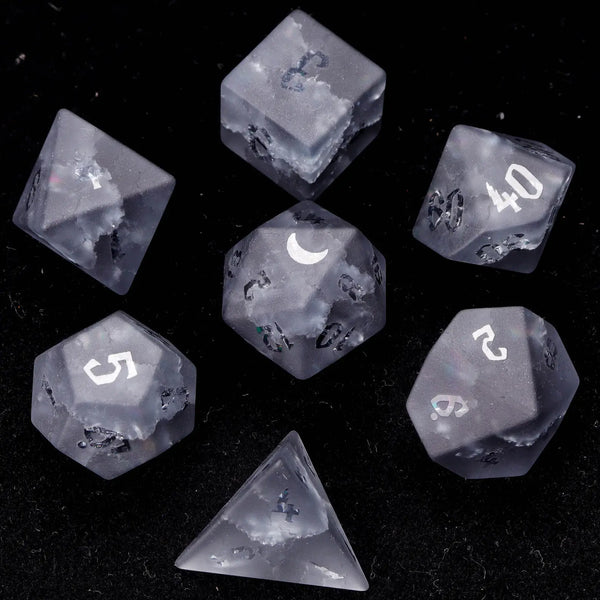 Complete URdice Thunder Vein gemstone dice set, all seven polyhedral dice laid out on a black background.