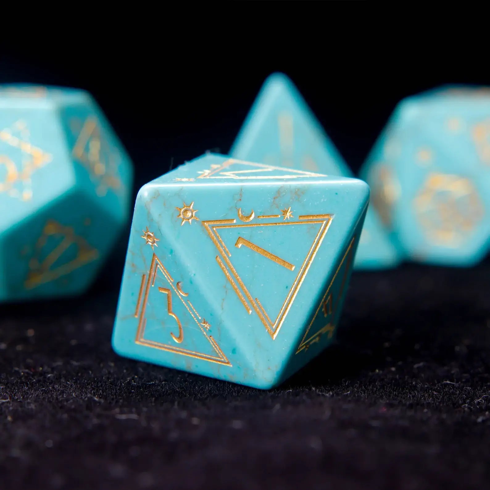 Single Green Howlite D8 die displayed to show its geometric shape and engraved numbers on multiple faces.