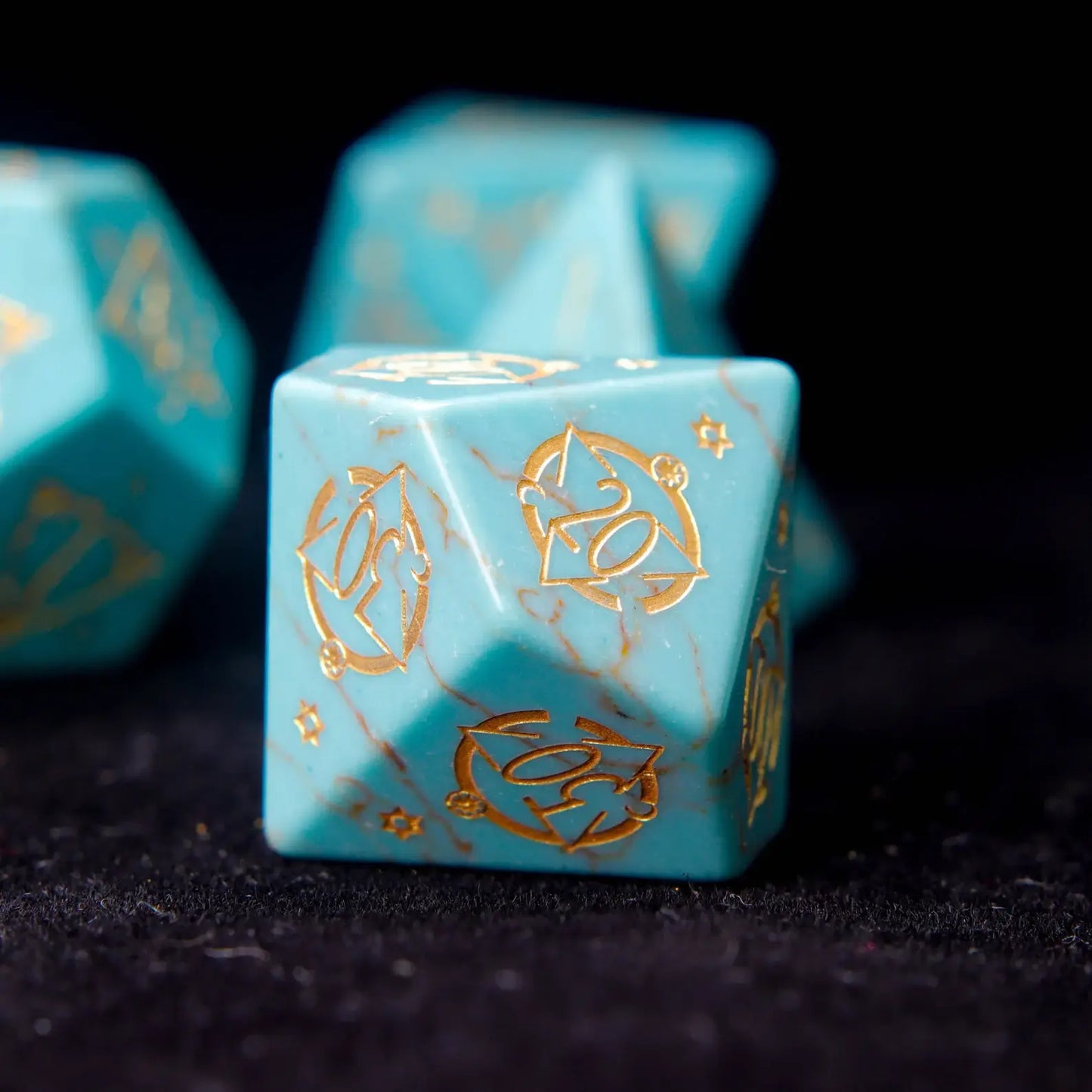Pair of engraved Green Howlite D% dice (00-90 and 0-9) from the URDICE set.
