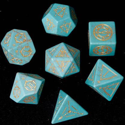 Complete URDICE Green Howlite Gemstone Engraved Dice Set displayed on a dark stone surface.