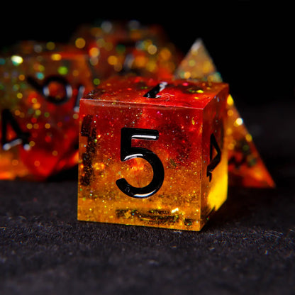 Action shot of URdice Holographic Orange D&D dice being rolled, capturing motion blur and dynamic glitter sparkle for tabletop gaming atmosphere.