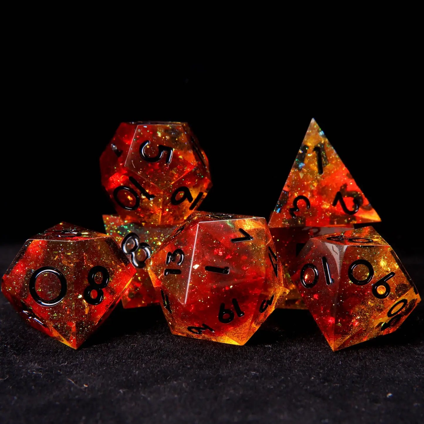 URdice Holographic Orange D&D dice set in use during a game, pictured alongside a character sheet, pencil, and miniatures for an immersive RPG scene.