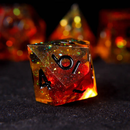 Extreme close-up detail of URdice holographic orange resin, showing how light refracts through the sharp edges and holographic glitter particles.