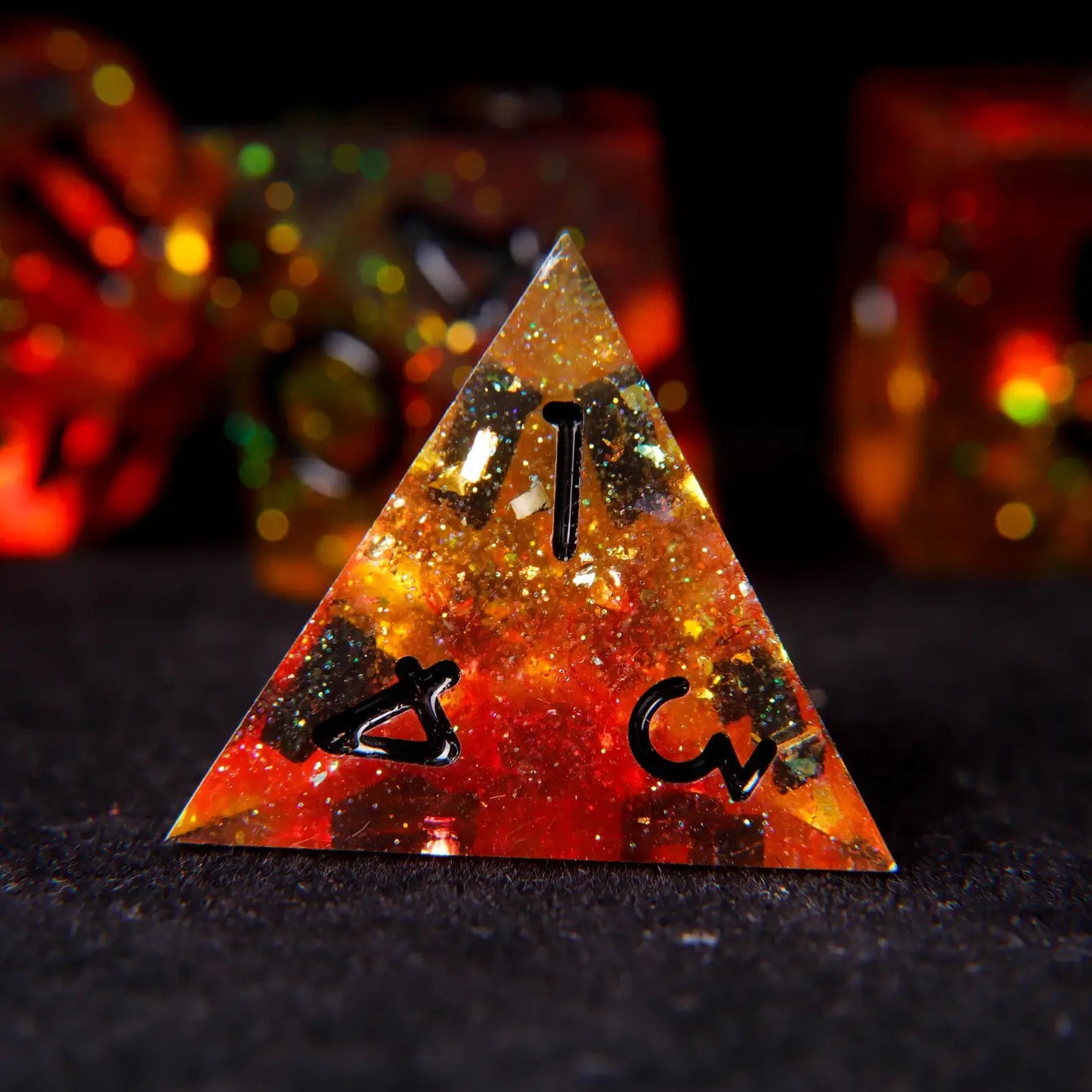 Size and shape comparison of all dice in the URdice Holographic Orange set, from the small D4 to the large D20, emphasizing polyhedral geometry and consistent holographic finish.