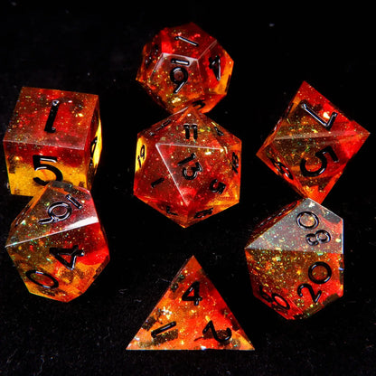 URdice Holographic Orange D&D Dice Set - Complete 7-piece polyhedral set displayed, showcasing vibrant orange holographic glitter in crystal-clear resin under studio light.

