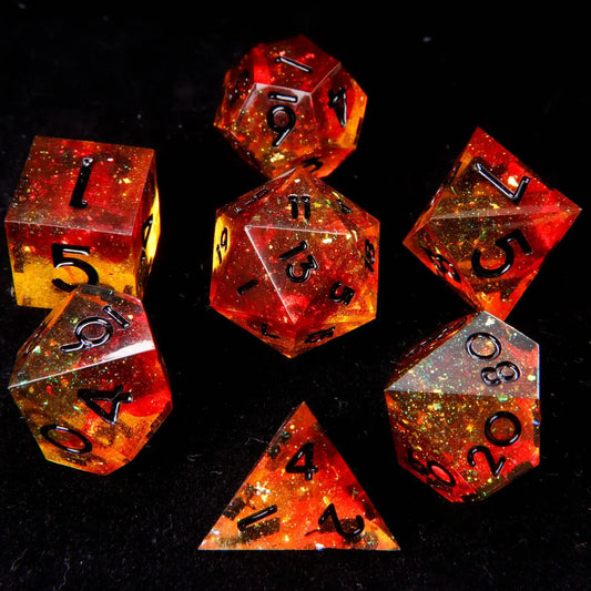 URdice Holographic Orange D&D Dice Set - Complete 7-piece polyhedral set displayed, showcasing vibrant orange holographic glitter in crystal-clear resin under studio light.

