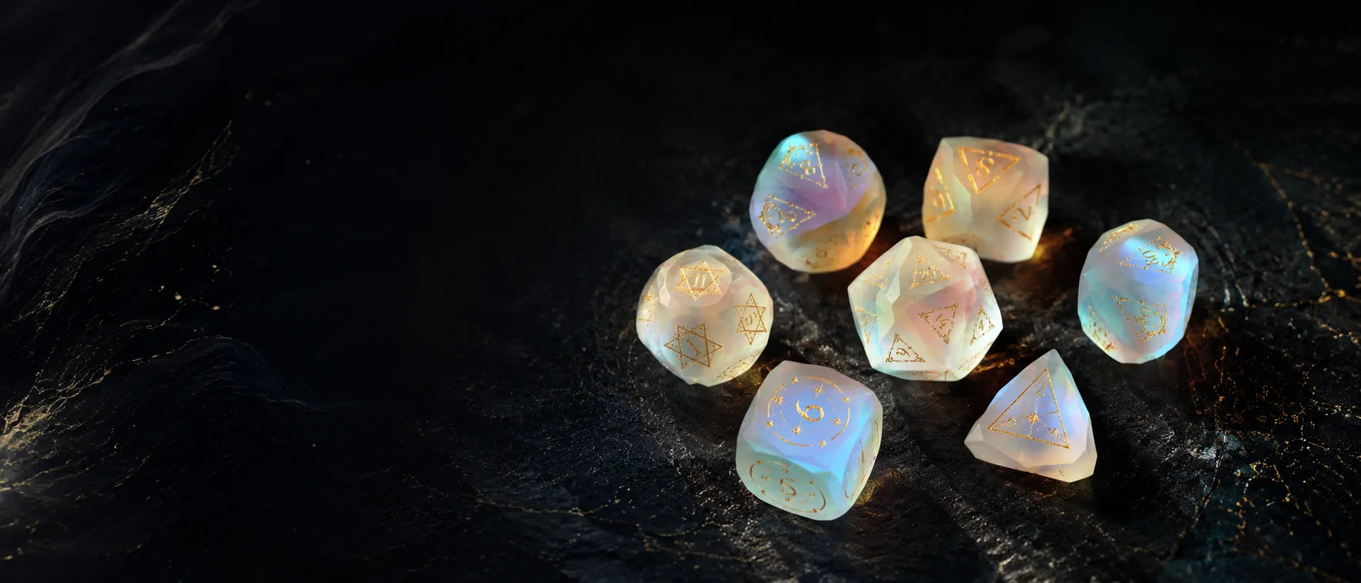 URDICE iridescent DND dice set with gold numbers on a dark fantasy background