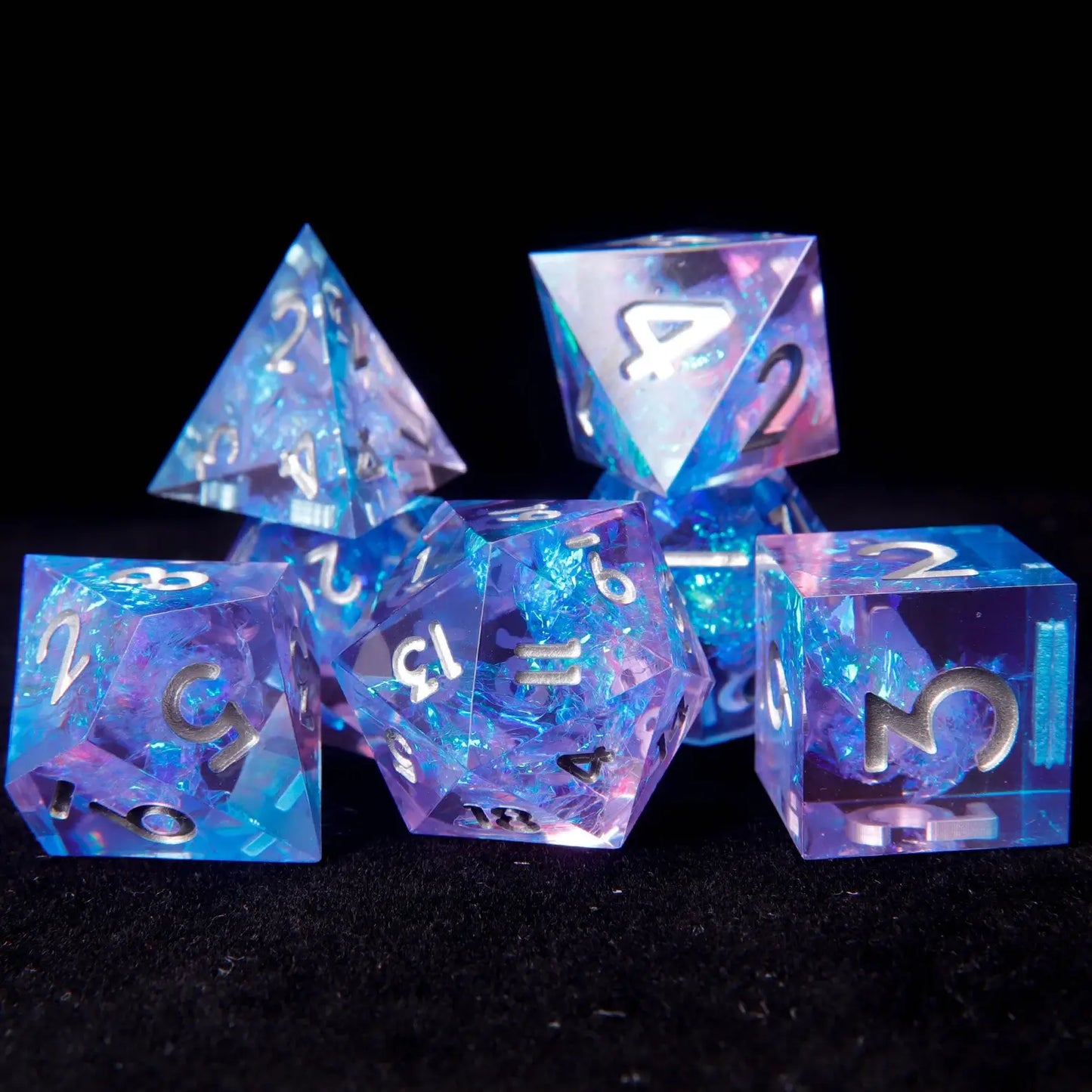 Full view of URdice Light Purple & Blue Gradient Resin DND Dice Set with aurora shimmer