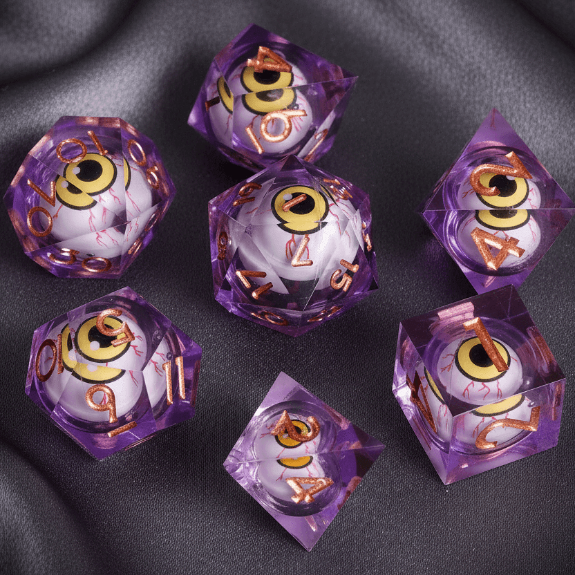 Royal purple set of seven Moving Eyes liquid core dice. Mystical eyes float within each die, perfect for enigmatic RPG characters.