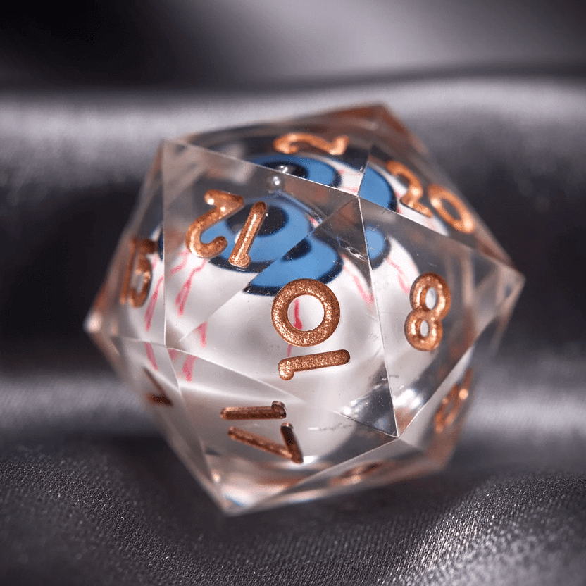 Close-up of a white D20 die from the Moving Eyes set. A mysterious eye floats within its glowing green liquid core.