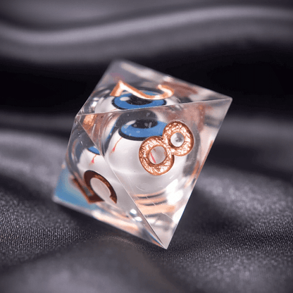 Four-sided white D4 die with a sharp pyramid shape. The glowing liquid core contains a distinctive floating eye.