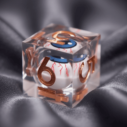 Standard white D6 die with a magical twist. The liquid core houses a small, animated eye that follows movement.