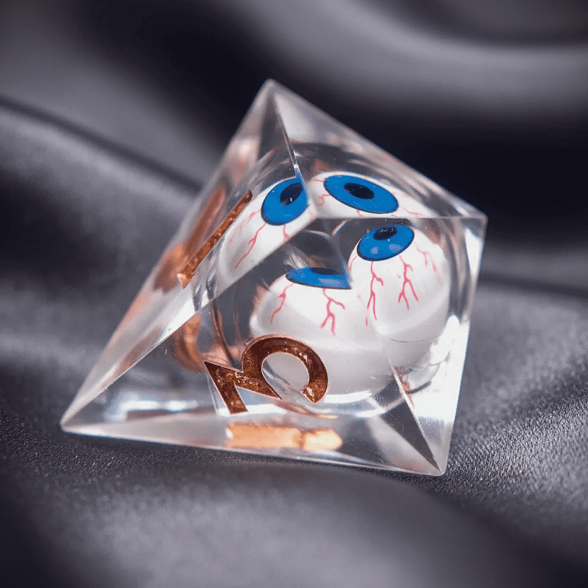 White D8 polyhedral die with a hypnotic liquid core. A detailed eye appears to gaze out from within the die.
