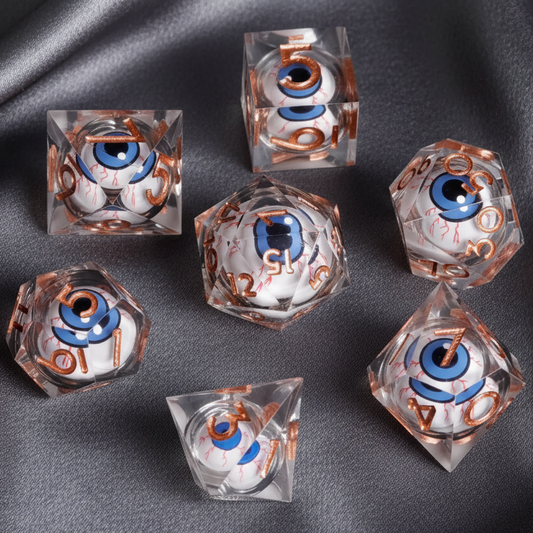Full set of seven white URdice Moving Eyes D&D dice with liquid cores, arranged neatly. Watchful eyes float inside each glowing die on a clean background.