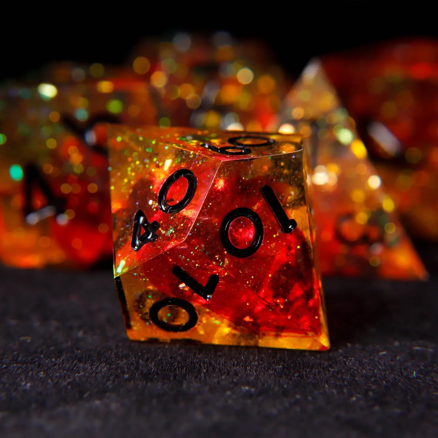 URdice Holographic Orange RPG dice artistically scattered on a dark gaming mat, showing D4, D6, D8, D10, D12, D20 with brilliant holographic effects.
