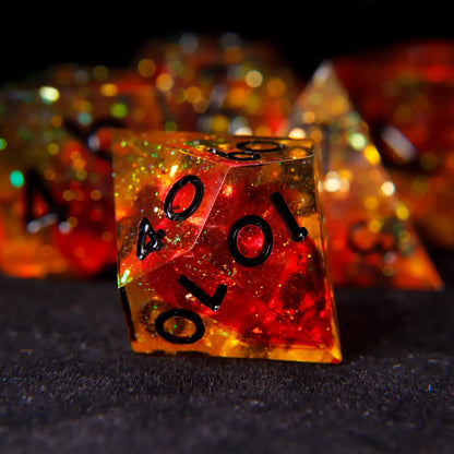 URdice Holographic Orange RPG dice artistically scattered on a dark gaming mat, showing D4, D6, D8, D10, D12, D20 with brilliant holographic effects.