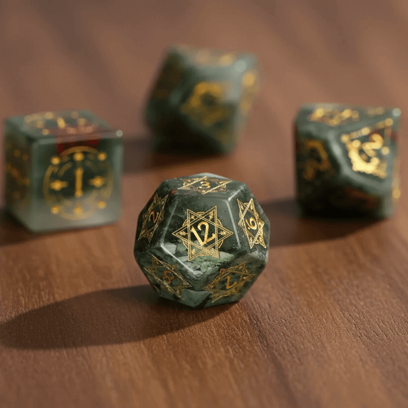 Close-up view of a D20 and D12 from the Gemstone Engraved Dice Set on a warm walnut table, with soft focused background