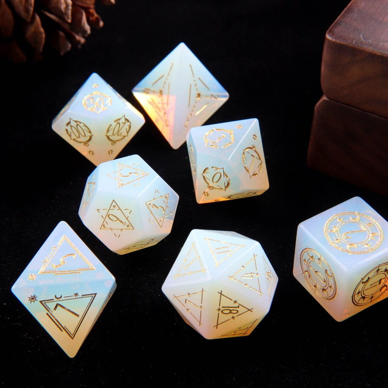 Full White Carved Opal DND Dice Set arranged in a clean tabletop display.