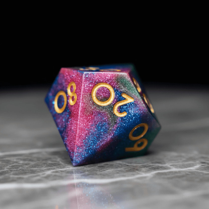 Close-up of zonal dye technique on resin polyhedral dice showing distinct pink and green areas.
